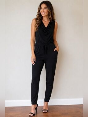 Charming Charlie Black Sleeveless Jumpsuit Size Small Cowl Neck Drawstring Pocke